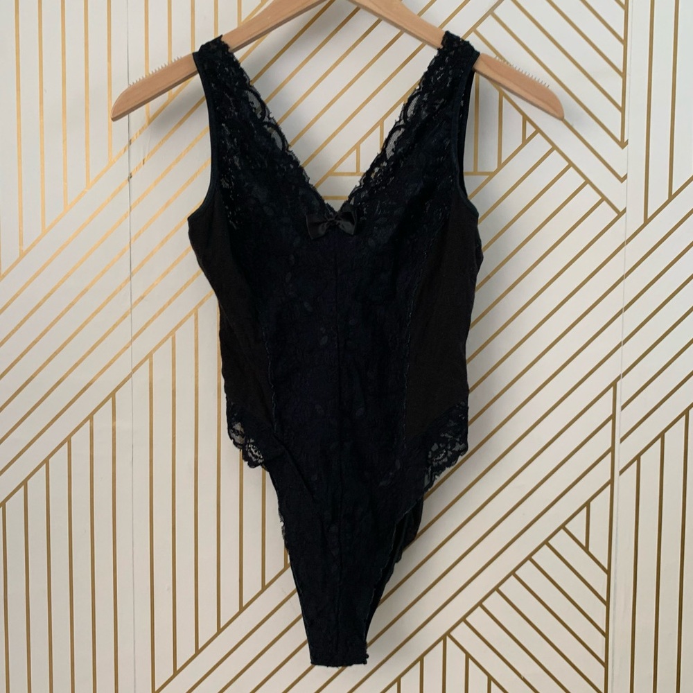 Vintage Lace & Cotton Teddy V neck panels bow 
 trim bodysuit lingerie Teddy M